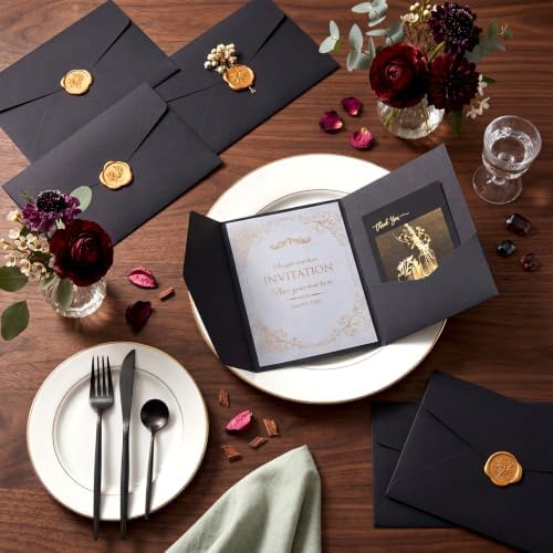 50 Set Wedding Invitation Kits Trifold Pockets,Black,Gold - Image 5