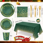 Tegeme 256 Pcs Dark Green and Gold Dot Party Supplies Paper Plates Napkin Tablecloth Set Disposable Cup Fork Knives Spoon Serve 36 Dinnerware for Birthday Wedding Aniversary Baby Shower Decoration - Image 3