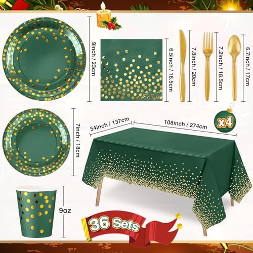 Tegeme 256 Pcs Dark Green and Gold Dot Party Supplies Paper Plates Napkin Tablecloth Set Disposable Cup Fork Knives Spoon Serve 36 Dinnerware for Birthday Wedding Aniversary Baby Shower Decoration - Image 3