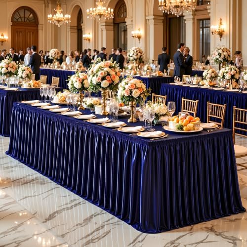 Wish Care 21ft Navy Blue Satin Long Table Skirt for Rectangle Tables Wrinkle Free Teacher Desk Skirt Glitter Ruffle Table Skirting Cloth for Back to School Classroom Office Birthday Party Table Decor - Image 3
