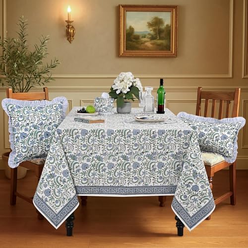 Ridhi Columbia Blue Hand Block Print Cotton Tablecloth 120 x 80 Inch - Image 2