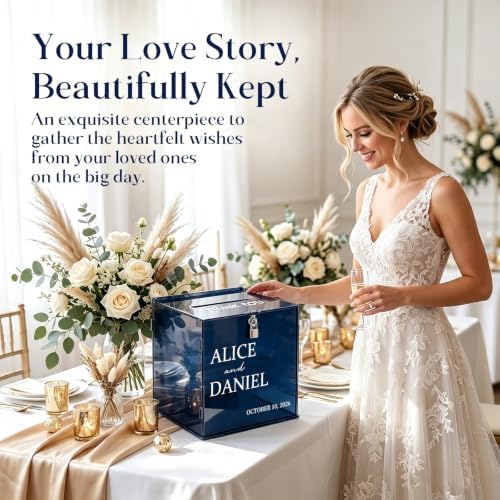OASF&QPPTY Custom Wedding Card Box with Lock, Elegant Personalized Wedding Card Box for Reception, Graduation, Baby Shower - Secure PVC Money Box for Cards and Well Wishes, Elegant Party Table Decor - Image 3