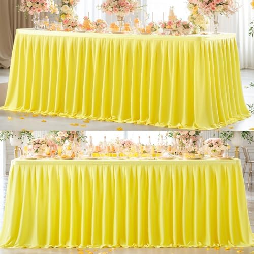 Partisky Yellow Polyester Table Skirt for Rectangle Tables 14ft, Wrinkle Resistant Pleated Ruffle Table Cloth for Banquet Wedding Trade Baby Shower Display Gift Dining Table by Partisky