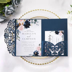 Navy Blue Laser Cut Invitations Wedding Invitation Kit Personalized Cards by Maffily