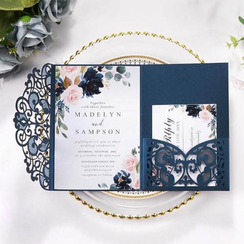 Navy Blue Laser Cut Invitations Wedding Invitation Kit Personalized Cards by Maffily