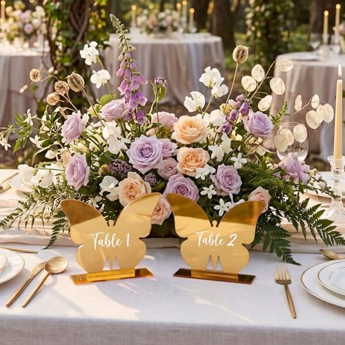 Lewtemi 15 Pcs Butterfly Gold Wedding Table Numbers 1-15 with Stands, Double Sided Mirror 4x5 Inch Acrylic Butterfly Signs Numbers for Reception, Wedding, Party, Anniversary, Events Table Decor - Image 6