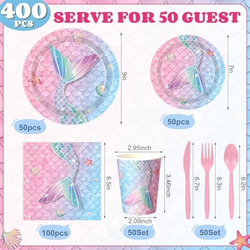 400 Pcs Mermaid Party Decoration for 50, Pink Blue Mermaid Birthday Paper Plates Napkins Cup Cutlery Under The Sea Princess Disposable Tableware for Baby Shower Ocean Birthday Party Supply - Image 2