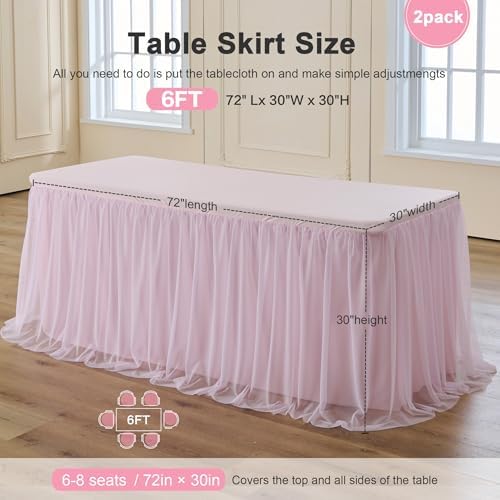 familus Pink Table Cloths 6 Foot Rectangle 2 Pack Stretch Ruffle Tulle Tablecloth Spandex Fitted Table Cover for 6 Foot Tulle Table Skirts for Party Wedding Table Cloths, Banquets - Image 3