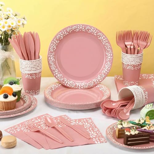 Havawish 177 Pcs Cielito Lindo Party Decoration Platos De Barro Mexicanos Fiesta Tableware Set Mexicanos Talavera Plates Cups Napkins Tablecloths Baby Shower(Pink,White Flower) - Image 4