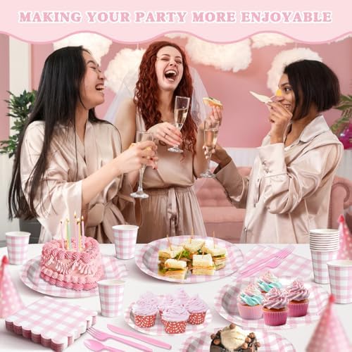 Vyntra 350-Pc Pink Gingham Paper Plates and Napkins Party Supplies - Image 2