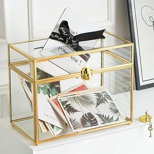 Glass Wedding Card Box with Slot, 10.2 inch Clear Card Box Gold Brass Gift Card Storage Box with Lock Perfect for Wedding Receptions, Baby Shower, Birthday Party, Bridal Shower by Giadun