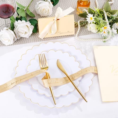 LIYH 60 Pcs White Plastic Plates with Gold Rim, Scalloped Disposable Combo Heavy-Duty Patriotic Plates Includes 30 Dessert Platos & 30 Dinner Platos for Birthday Wedding Party - Image 5