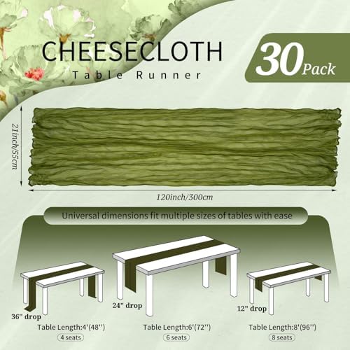 30 Pack Cheesecloth Table Runner 10FT Olive Green Table Runner Boho Gauze Cheese Cloth Table Runners Long Rustic Sheer Table Decorations for Wedding Party Baby Bridal Shower Birthday Holiday Home - Image 2