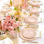 GATHER 700PCS Pink Plastic Plates 100 Guest with Gold Rim for Wedding Party - Image 5