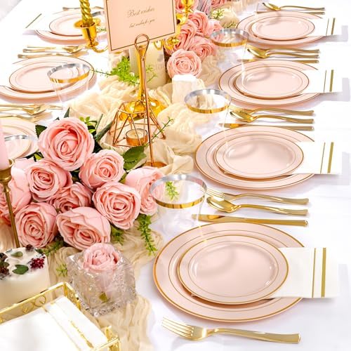 GATHER 700PCS Pink Plastic Plates 100 Guest with Gold Rim for Wedding Party - Image 5