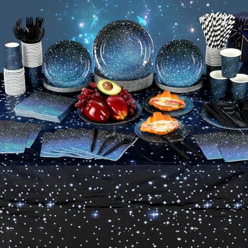 Funnymoom 452 Pcs Galaxy Party Decorations for 50, Starry Night Theme Paper Plates Napkins Cups Tablecloth Cutlery Straws for Outer Space Theme Birthday Bridal Baby Shower Party Decorations Supplies - Image 6
