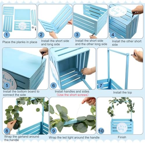Barydat Wooden Baby Shower Basket Gender Reveal Crate Closet, Blue, Boy - Image 4