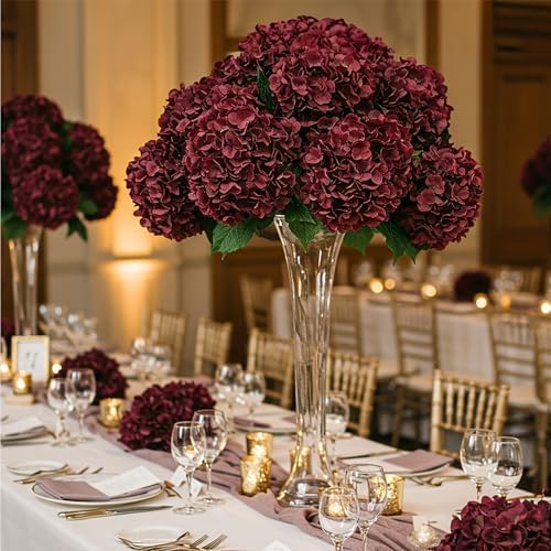 Auihiay 204Pcs Burgundy Hydrangea Artificial Flowers Bulk, Silk Hydrangeas - Image 6