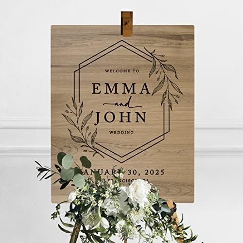 Andaz Press Large Wooden Welcome Sign for Wedding Rustic Welcome Sign 16" x 20" Custom Names Laurel Geometric Wreath Wedding Signage English Oak MDF Wood Finish Wedding Reception Indoor Outdoor Signs - Image 3