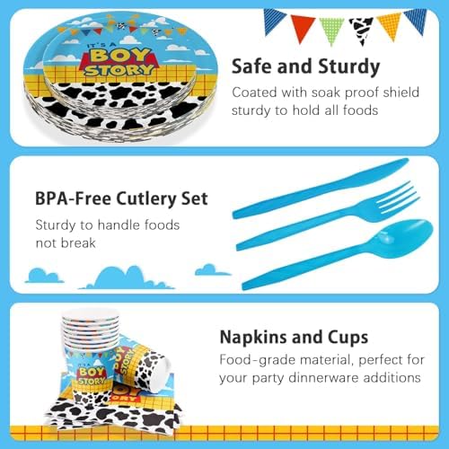 Cartoon Boy Story Baby Shower Decorations Plates 25 Guests,175 Pcs It's A Boy Story Baby Shower Cardstock Paper Plates Napkins Cups Cutlery Set Party Decorations (Pack of 3) - Image 6
