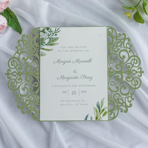 ponatia 25PCS 5.12 x 7.1 '' Sage Green Laser Cut Wedding Invitations Cards with Envelopes for 5x7 Invitation Cards Wedding Baby Bridal Shower Engagement Sweet 16 Birthday Invite - Image 5