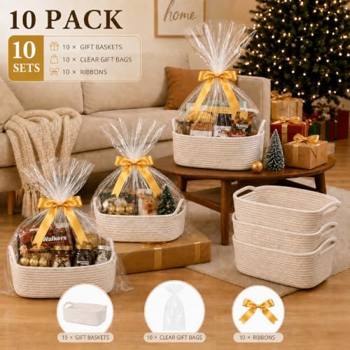 10 Pack White Woven Gift Baskets with Gift Bags and Ribbons, 12"x8"x5" - Image 3