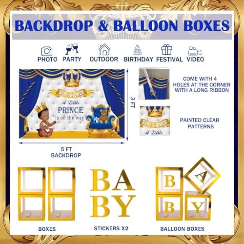 122 PCs Royal Prince Baby Shower Decorations for Boy, Fiesec A Little Prince Is On The Way Its Royal Baby Shower Backdrop Balloon Garland Banner Cake Cupcake Topper Crown Star Blue White Gold - Image 4