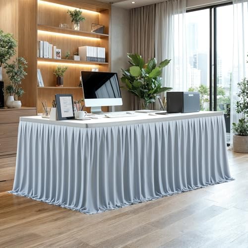 Partisky Gray Polyester Table Skirt for Rectangle Tables 14ft, Wrinkle Resistant Pleated Ruffle Table Cloth for Banquet Wedding Trade Baby Shower Display Gift Dining Table - Image 6