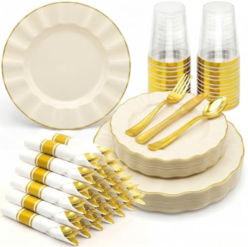 Glowserve Scalloped Plastic Plates Dinnerware Set 175 PCS for 25 Guests by glowserve