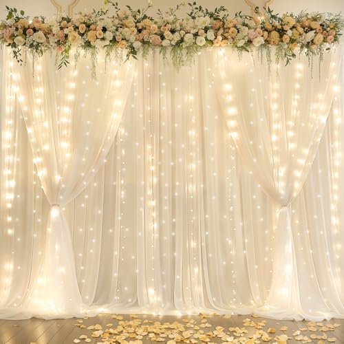 Shillance 20x10ft Ivory Chiffon Backdrop Curtain with Lights String for Wedding Sheer Tulle Curtain Photo Backdrops Drapes for Baby Shower Birthday Party Ceremony Decorations - Image 2
