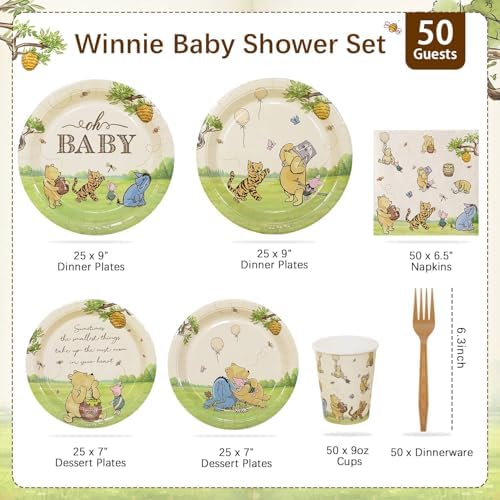 300Pcs Classic Winnie Bear Baby Shower Decorations Plates Set for 50 Guests - Image 7