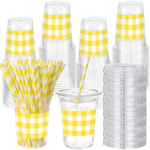 Sliner 50 Sets 16oz Yellow White Gingham Party Plastic Cups by Sliner