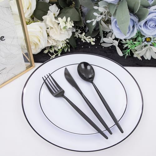 ejonirinjonir 180pcs Elegant White Plastic Plates for Wedding, Black Trim - Image 2