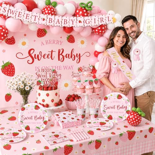 Strawberry Baby Shower Decorations,276pcs Berry Sweet Baby Shower Decorations Plates And Napkins Cups Banner Backdrop Tablecloth Cake Topper Balloon for A Berry Sweet Baby Is On The Way Decorations - Image 3