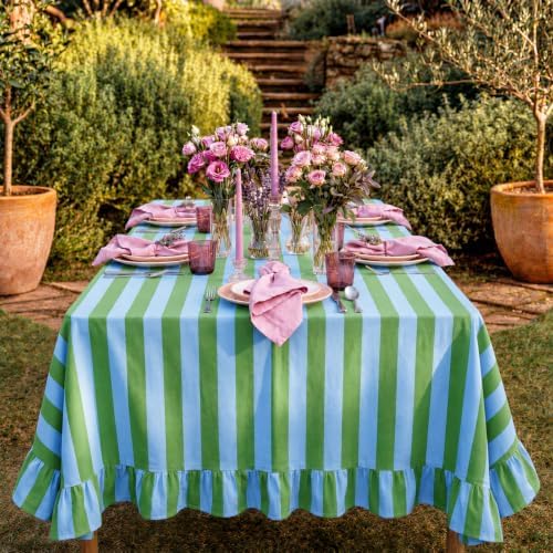 Tudomro Striped Tablecloth, Rectangle, Emerald, Sky Blue, 84'' X 60'' - Image 4