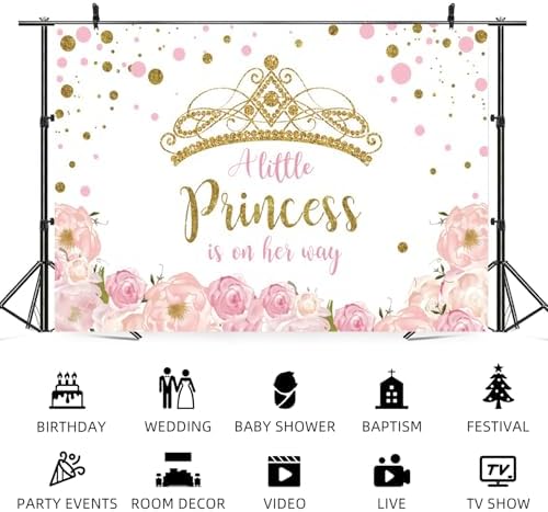 8x6ft Baby Shower Backdrop A Little Princess is on Her Way Photography Background Gold Crown Pink Floral Giltter Dots Girl Princess Party Banner Decorations Newborn Photo Booth Prop - Image 5