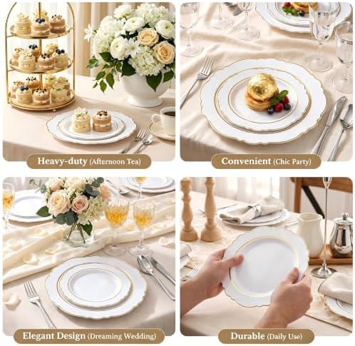 realluck 200PCS White and Gold Plastic Plates, Elegant Disposable Party Plates - 100 Dinner & 100 Dessert Plates, fancy plastic plates for Wedding, Anniversary - Image 6