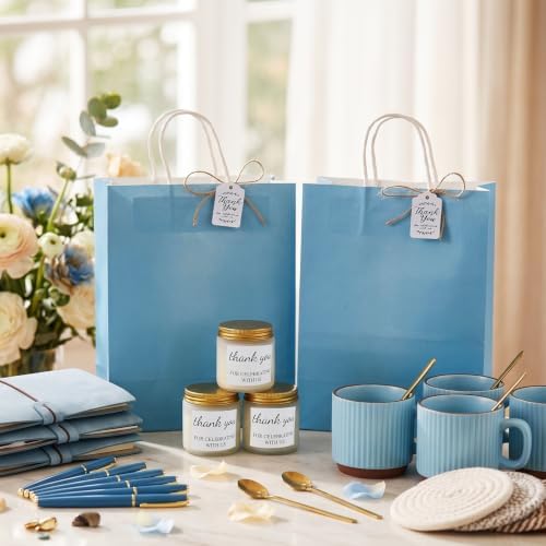 Baby Shower Prizes for Game Winners Baby Shower Games Prizes Ceramic Mugs with Metal Spoons Woven Coasters Notebooks Scented Candles Gift Bags Wedding Bridal Shower Favors for Guests (4, Blue) - Image 2