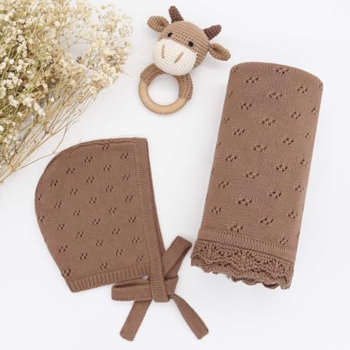 LifeTree Knit Baby Blanket & Hat, 100% Cotton Soft Swaddle & Receiving Blanket for Toddler, Lightweight & Breathable Newborn Blanket Unisex for Crib, Stroller, 31X40 Inches, Shower Registry Gift,Brown - Image 7