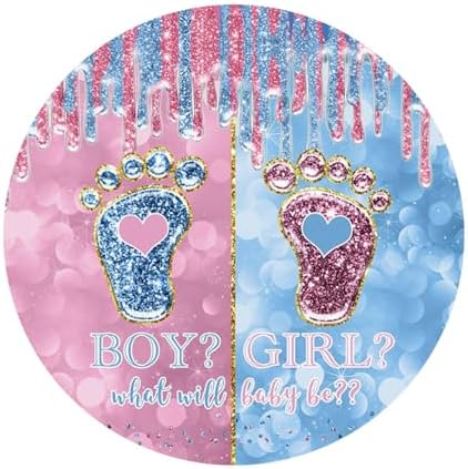 Polyester Diameter 6ft Boy Or Girl Gender Reveal Round Backdrop Cover Crystal Little Feet Blue Pink Photography Backdrop What Will Baby Be Mom Pregnancy Surprise Party Decoration Props - Image 2