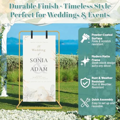 VZZNN 2 Pack Wedding Welcome Sign Stand, 68”x31”x20” Adjustable Gold Easel Holder with 4 Leather Straps, Heavy Duty Metal Floor Easels for Wedding Signs, Seating Charts, Baby Shower, Party Decor - Image 5