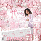 264Pcs Pink Bow Baby Shower Decorations - Pink Bow Birthday Party Supplies Include Plates Napkins Tablecloth Banner Balloons Cake Topper Coquette Baby Shower Decorations for Girls Serves 20 - Image 3