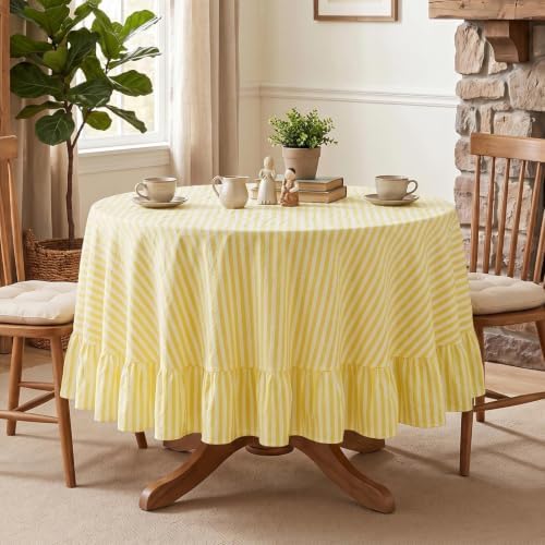Eternal Beauty Striped Ruffled Round Tablecloth 60 Inch Yellow White - Image 5