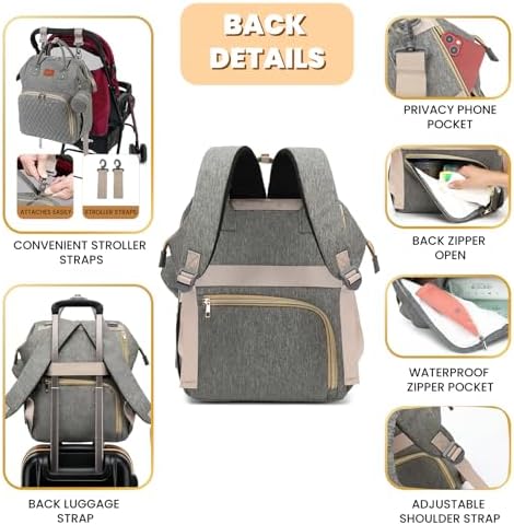 ROSEGIN Baby Diaper Bag Backpack with Changing Pad, Pacifier Case, for Boy Girl Toddler - Large, Stylish, Waterproof Travel Quilted Diaper Bag for Mom - Baby Shower Gifts - Grey - Image 4