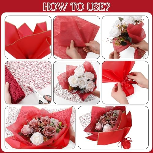 Qilery 334 Pcs Flower Wrapping Paper Set,153 Waterproof Floral Bouquet Wrapping Paper,72 3D Gold Butterfly Decoration,100 Pins, 6 Crowns and 3 Ribbons for DIY Craft(Red, Black, White) - Image 3