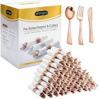 50 Pack Pre Rolled Rose Gold Plastic Silverware Set with Napkins,Disposable Wrapped Heavy Duty Cutlery Set for Wedding Birthday Party-50 Forks,Knives,Spoons,Utensils Set,Plasticware Bulk by ISFANGCO