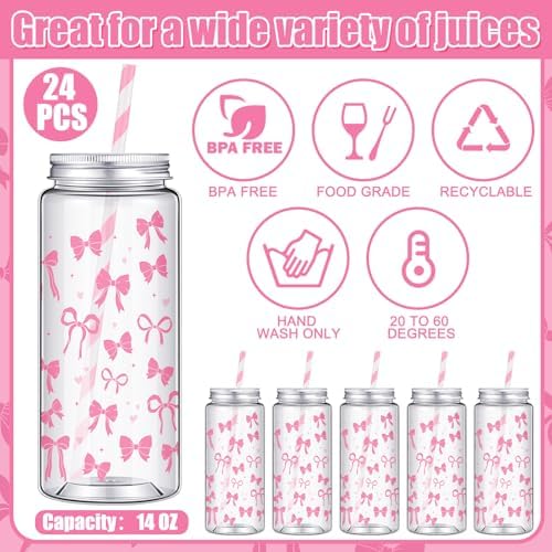 Chuangdi 24 Sets 14 oz Pink Bow Bottles with Straws Party Jars Metal Lids - Image 3