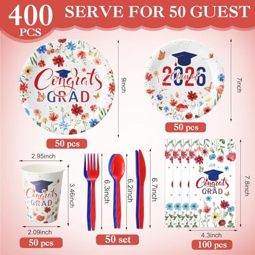 400 Pcs 2026 Red White Blue Graduation Decoration for 50, Red Blue Floral Graduation Paper Plates Napkins Cups Cutlery Flower Grad Tableware for Class of 2026 Congrats Grad Party Supply - Image 3