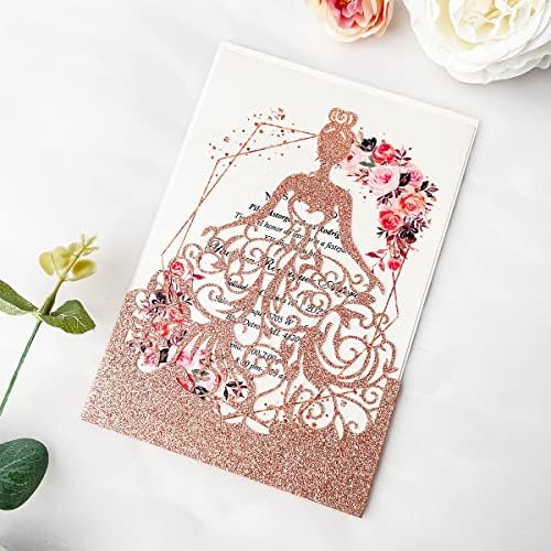 5.12 x7.28 inch 50PCS Personalized Rose Gold Glitter Quinceanera Invitations Laser Cut Hollow Princess Pocket with Envelopes Invitations for Quinceanera Bridal Shower Invite - Image 2