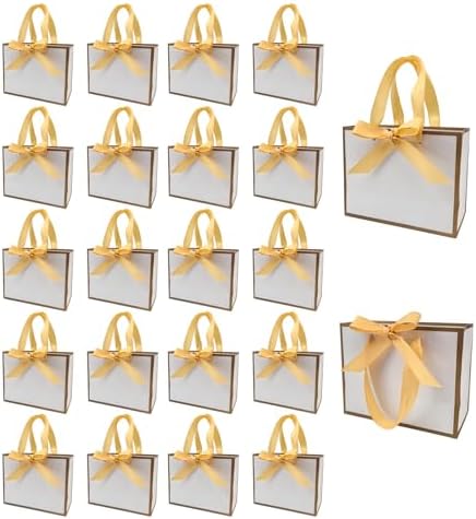 TKSBAG 100 Pack White and Gold Gift Bags with Bow Handles, 6.4×3.1×5.1 In Small Thank You Bags Bulk for Birthday, Weddings, Party Favors, Fathers' Day by TKSBAG